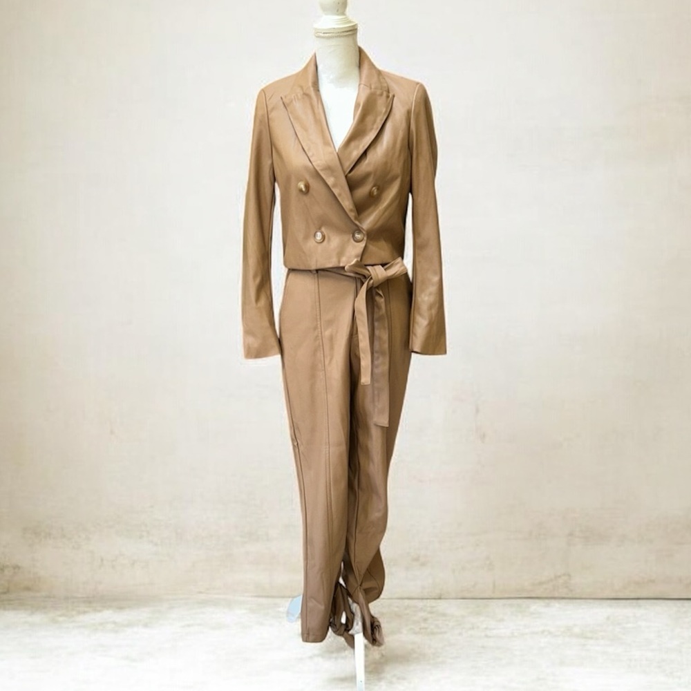 NWT Lucy Paris Vegan Leather 2PC Camel Color DBL Breast Crop Blazer Pants Set Sm
